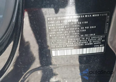 2019 Volkswagen Tiguan 2.0T S z USA, uszkodzony, nr VIN 3VV1B7AX8KM048544